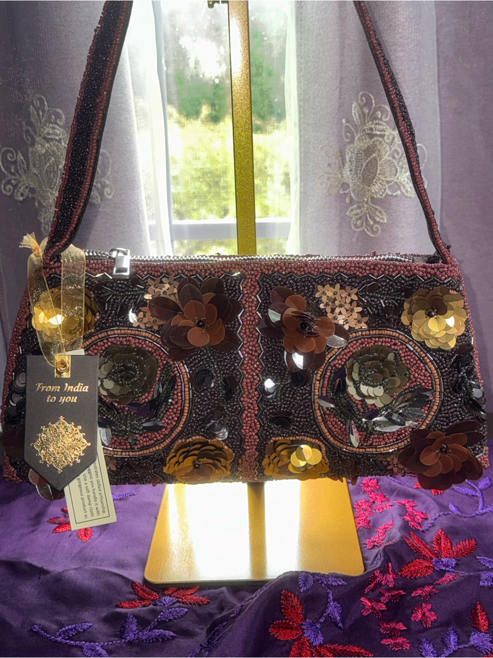NWT From India To You 3D Floral Beaded Shoulder Bag - Glam Baguette Purse